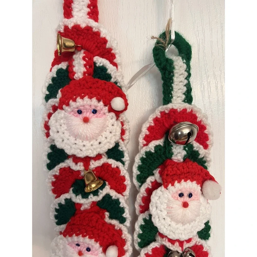 Vintage‎ 60s Handmade Crocheted Santa  Wall Hanger Red Green Tassle 4 x 31